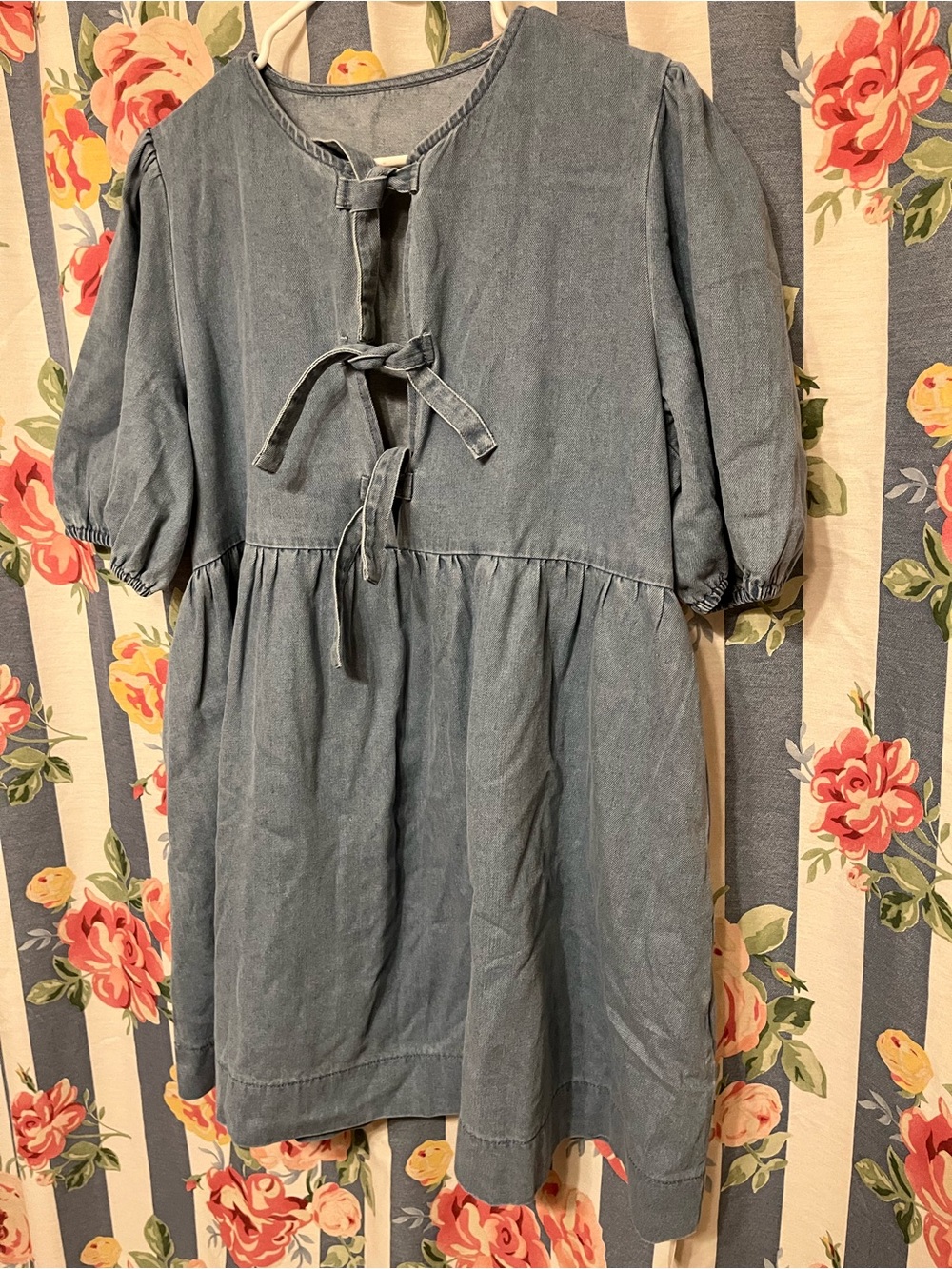 Tie-Front Puff Sleeve Casual Dress in Light Blue